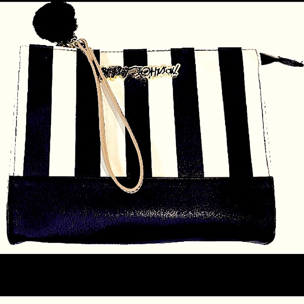 BETSEY JOHNSON BLACK CREAM STRIPED MAKEUP BAG CLUTCH PURSE BAG TOTE LARG…